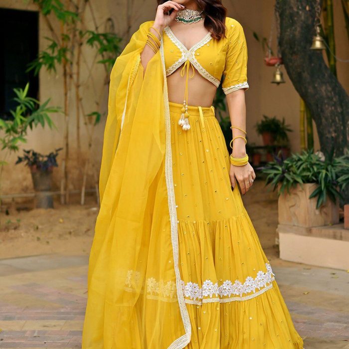 Embroidered V-Neck Ready to Wear Lehenga & Blouse With Dupatta