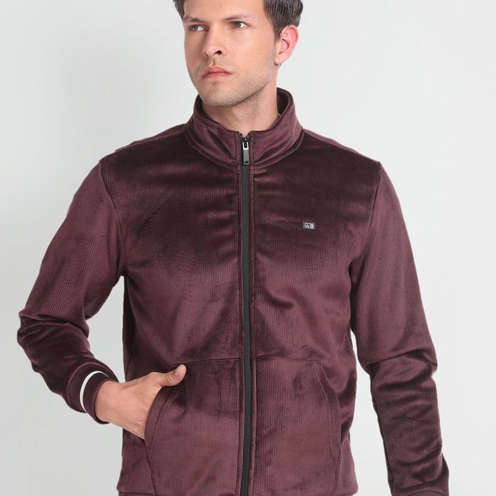 Striped Mock Collar Long Sleeve Zip Detail Bomber Jacket